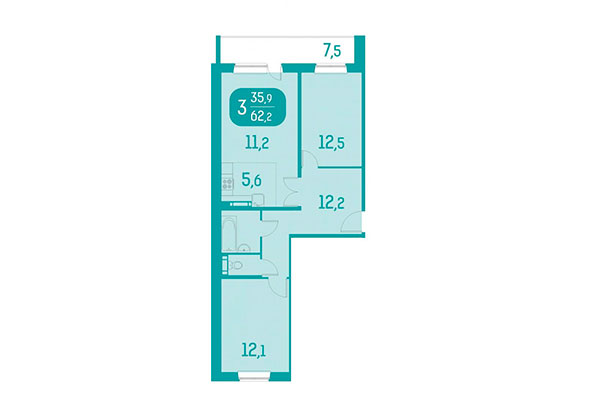 2-комнатная квартира 62,20 м² в ЖК Аквамарин. Планировка