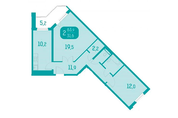 2-комнатная квартира 63,90 м² в ЖК Аквамарин. Планировка